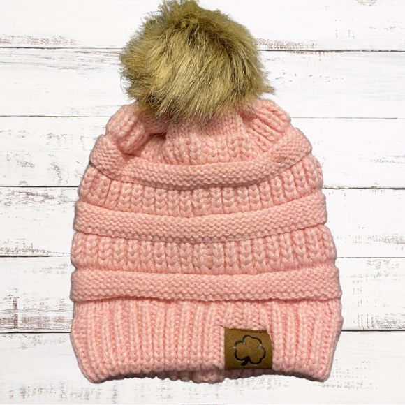Clover Cottage Kids Pom-Pom Beanie-Light Pink One Size - Picture 1 of 2